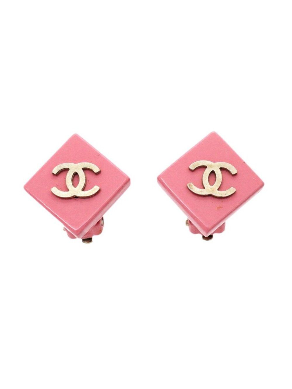 Chanel Earrings CC Logo Square Metal Silver Pink